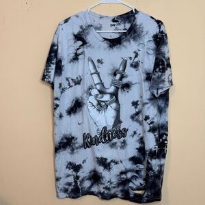 On Fire distressed tie-dye t-shirt with a "Kindness" graphic size 2X